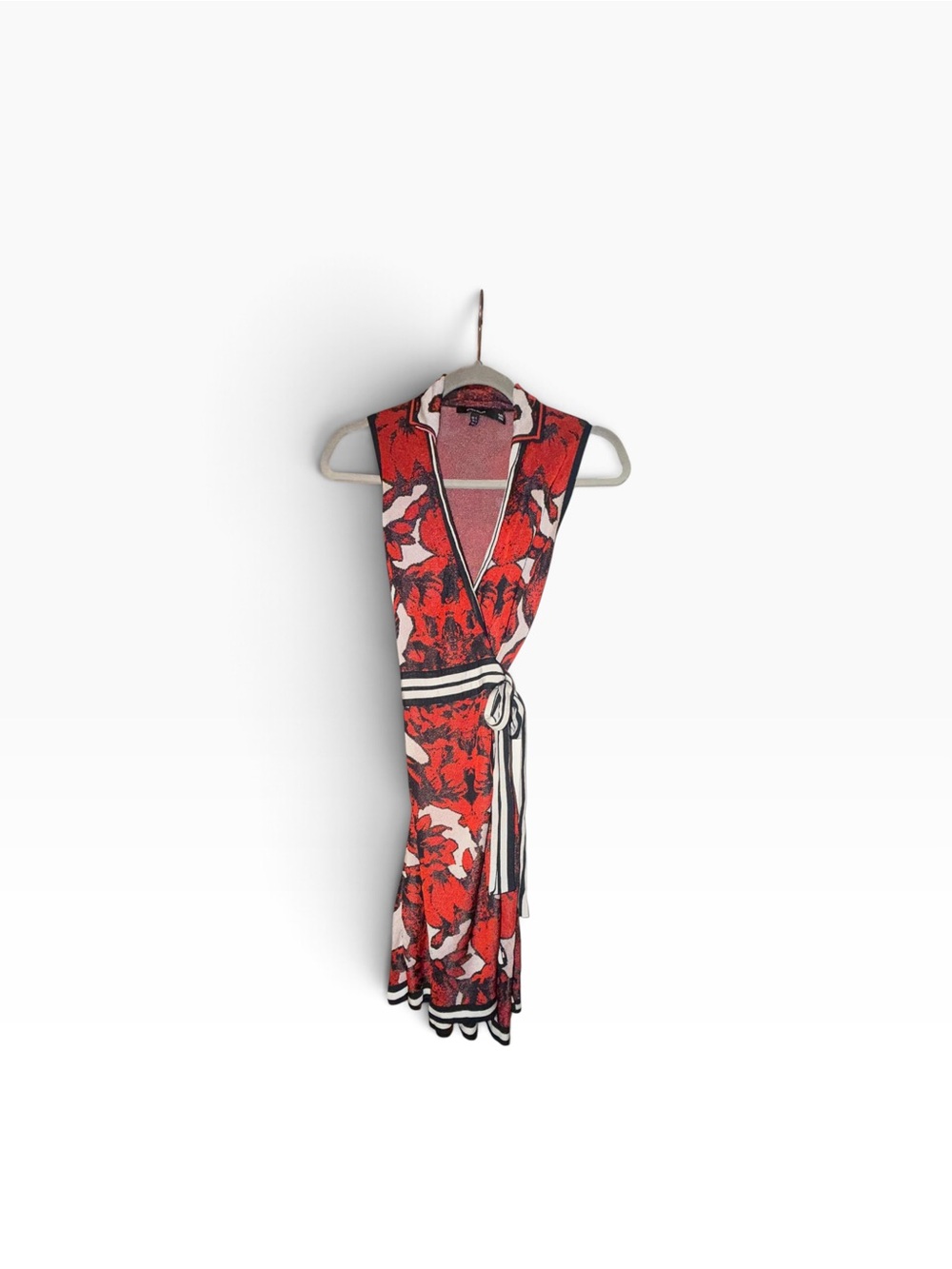 Karen Millen Red Floral Wrap Midi Dress with Black and White Trim